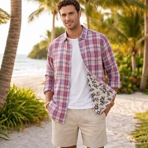 Tommy Bahama SZ L Palapa Plaid Soak Through Fabric Floral Interior Shirt $135